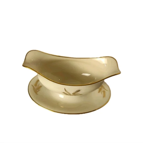 Lenox Harvest Wheat - 24k Gold Edged - Gravy Boat w/ Attached Underplate - EX!